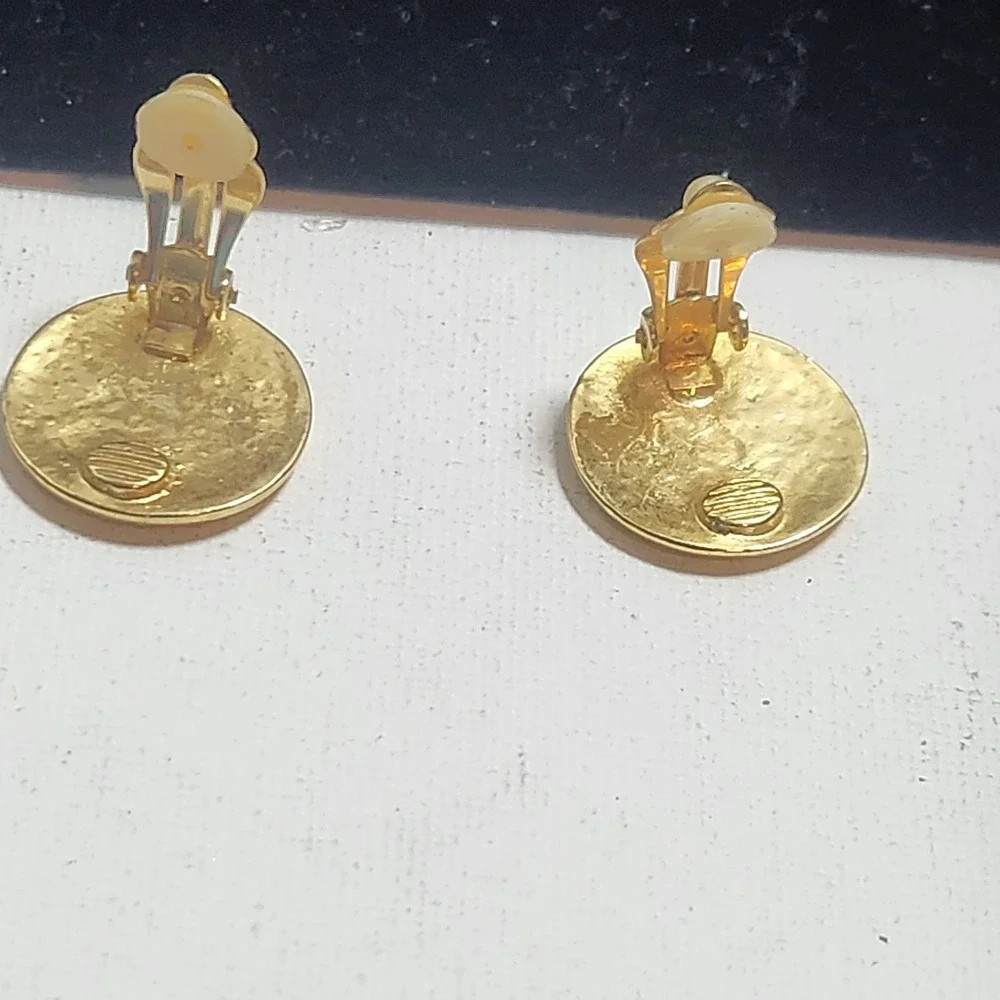 Vintage French Coin Clip On Earrings Gold Tone Republique Francaise Round 1 Inch